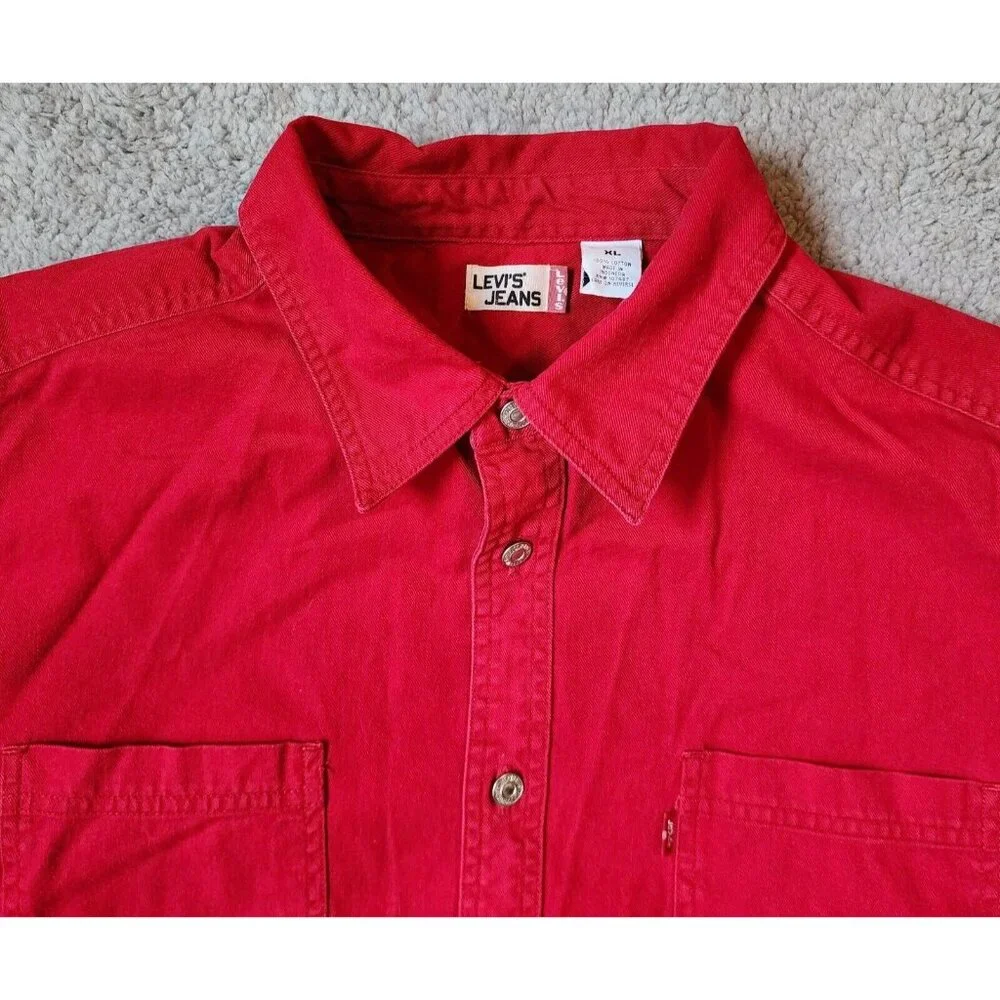 Levi's Jeans Red Denim Long Sleeve Metal Button Up Shirt Size XL Y2K 100% Cotton